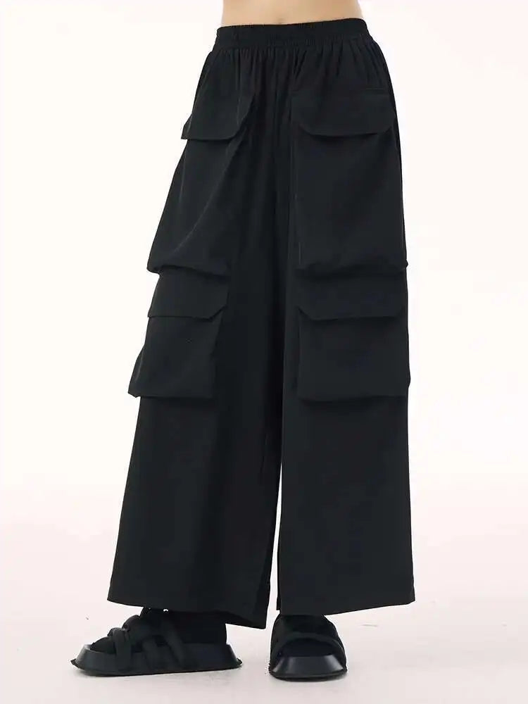 High Elastic Waist Black Pockets Casual Long Cargo Pants New Trousers Women Fashion Tide Spring Autumn 2025 1DH9216