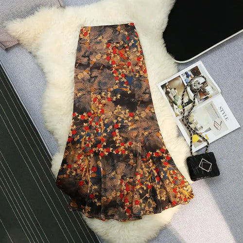 Load image into Gallery viewer, Vintage Women Fashion Bohemian Printed Slim Zipper Long Skirt Ladies Summer French High Waist Party Wrapped Hip Fishtail Skirts
