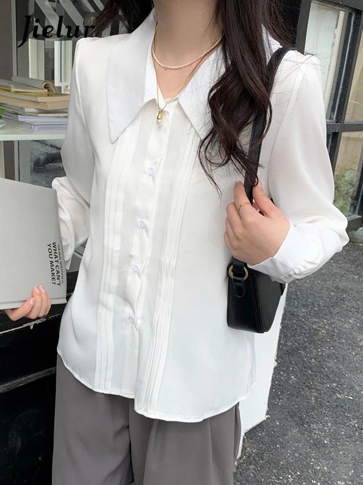 French Style White Chic Women's Shirts Office Lady Single Breasted Straight Loose Solid Color Fashion Female Streetwear