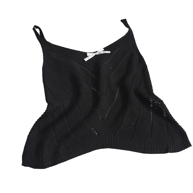 Solid Sexy Hollow Out V Neck Bow Slip Tank Tops Summer Women Sleeveless Holiday Short Vest Casual Street Clothes Fashion Casual