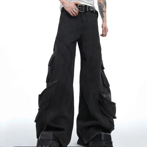 Load image into Gallery viewer, Niche Distressed Washed Big Pocket Pleated Jeans Loose Straight Wide Leg Workwear Pants Men Darkwear Male Trousers 24E1294
