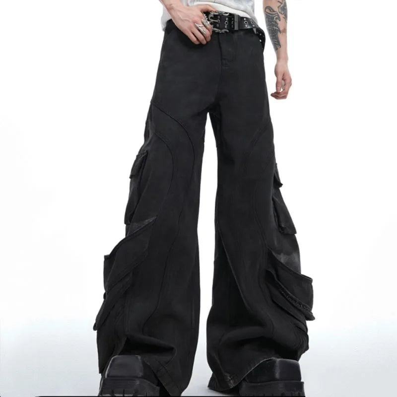 Niche Distressed Washed Big Pocket Pleated Jeans Loose Straight Wide Leg Workwear Pants Men Darkwear Male Trousers 24E1294