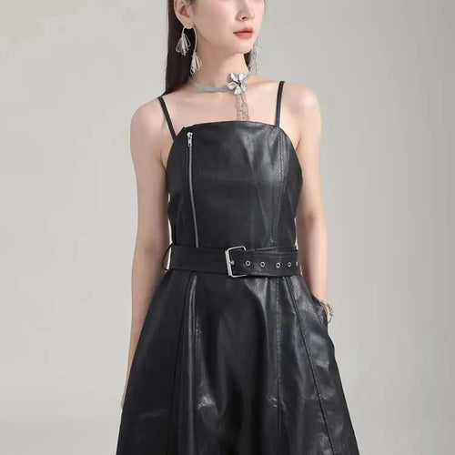 Load image into Gallery viewer, Women Black Pu Leather Belted Long A-line Dress New V-Neck Sleeveless Loose Fit Fashion Tide Spring Autumn 2025 1DH2000
