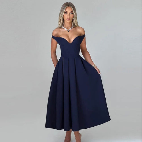 Load image into Gallery viewer, Off-shoulder Backless Pleated Maxi Dress Women Fashion Strapless Sleeveless High Waist A-line Club Long Dress Elegant
