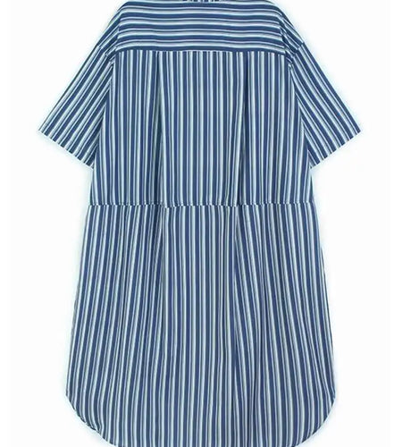 Women Blue Striped Spliced Pocket Big Size Casual Shirt Dress New Lapel Sleeve Fashion Tide Spring Summer 2025 1DH9810
