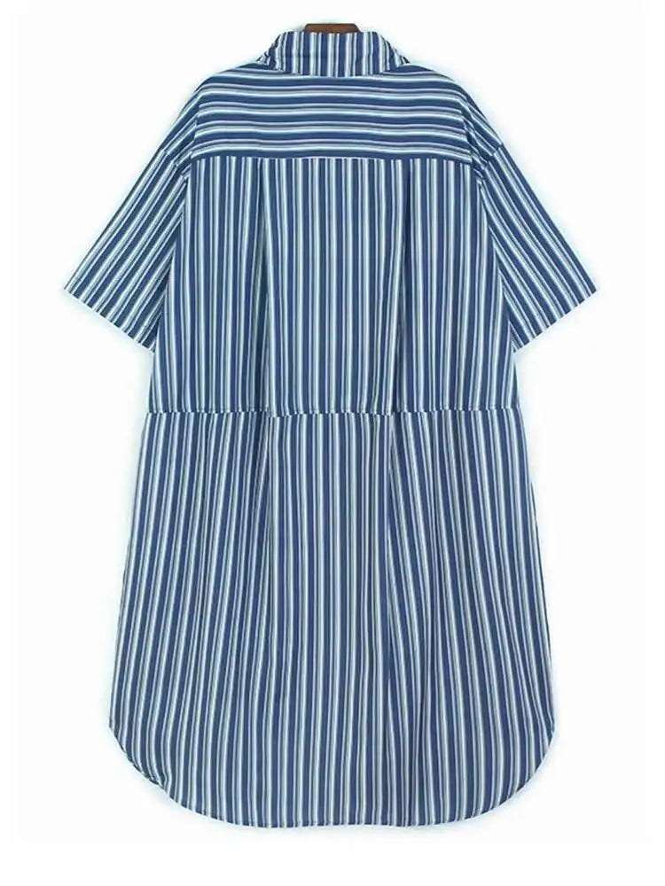 Women Blue Striped Spliced Pocket Big Size Casual Shirt Dress New Lapel Sleeve Fashion Tide Spring Summer 2025 1DH9810