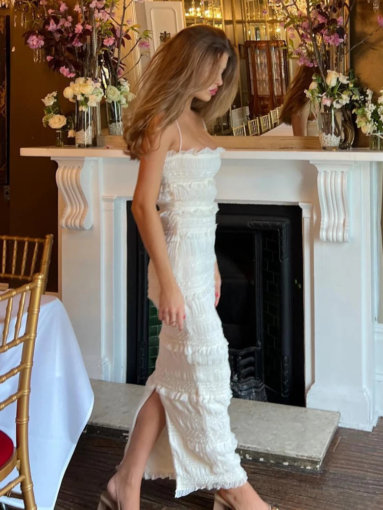 Summer Maxi Spaghettt Strap Wed Bride Dress Elegant Formal Occasion Beige Slim Party Even Dress Women