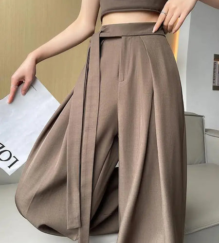 Korean 2024 New Black High Waist Women's Gray Bandage Wide Leg Long Pants Spring Summer Brown Office Lady Casual Loose Trousers