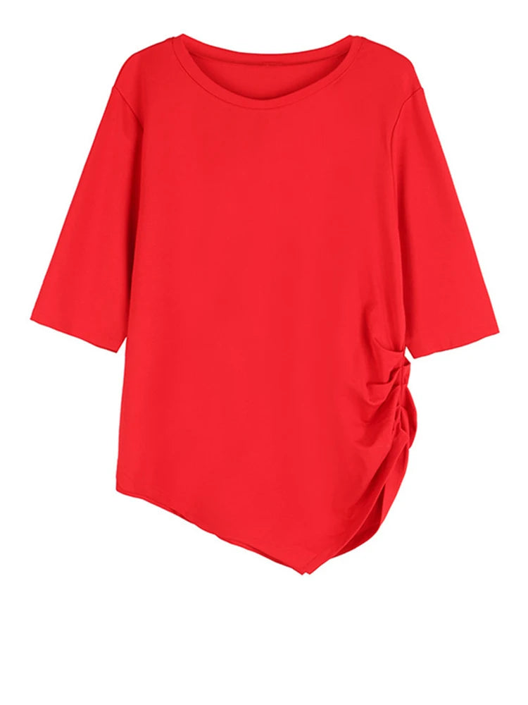 Women Black Irregular Pleated Big Size Casual T-shirt New Round Neck Half Sleeve Fashion Tide Spring Summer 2025 1DJ1831