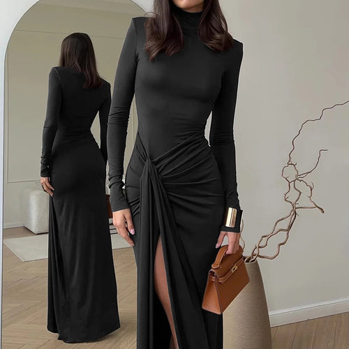 Load image into Gallery viewer, Turtleneck Thigh High Split Sexy Maxi Dress For Women Fashion Long Sleeve Draped Bandage Bodycon Club Long Dress
