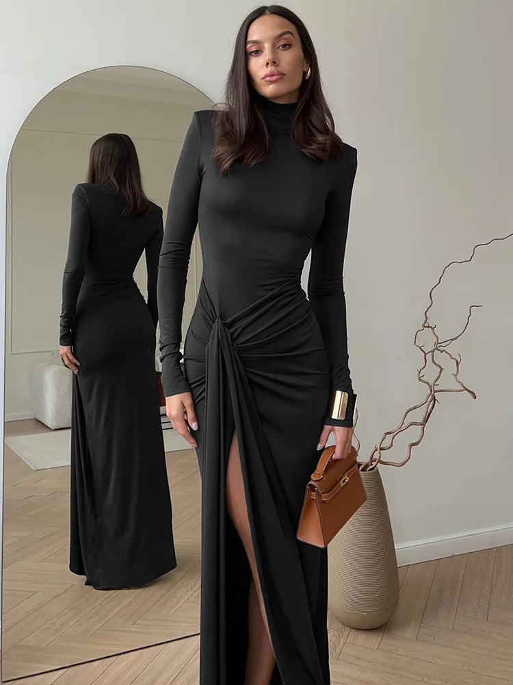 Turtleneck Thigh High Split Sexy Maxi Dress For Women Fashion Long Sleeve Draped Bandage Bodycon Club Long Dress