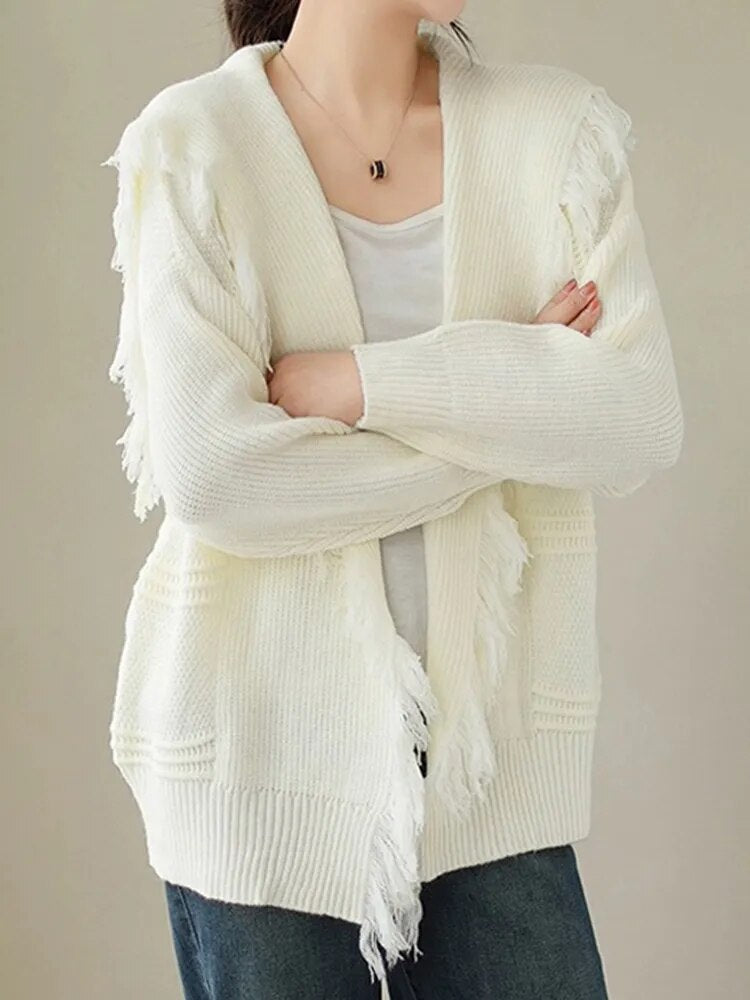 Solid Loose Knitting Sweaters For Women Sailor Collar Long Sleeve Patchwork Tassel Minimalist Sweater Female