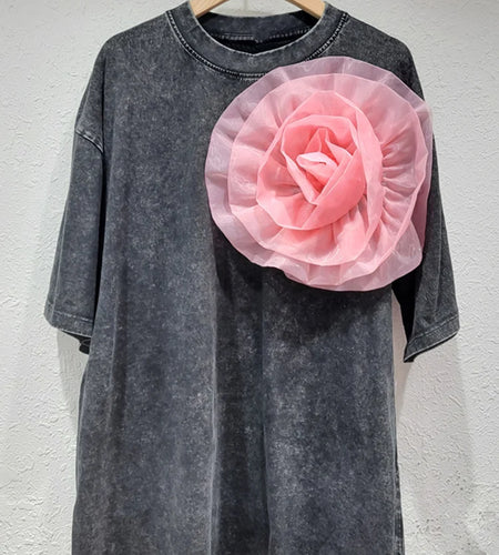 Women Black Three-dimensional Flower Big Size T-shirt New Round Neck Half Sleeve Fashion Tide Spring Summer 2025 1DH7064