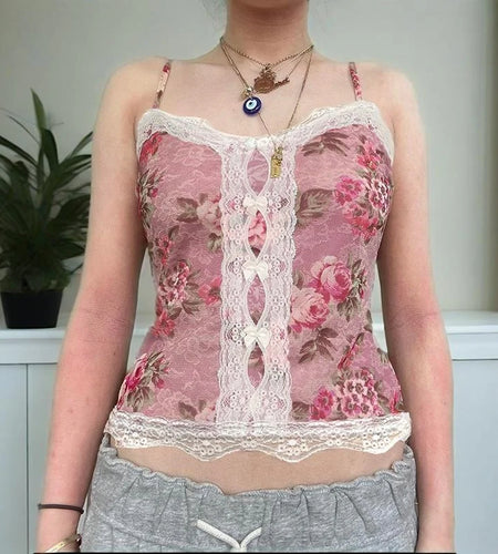 y2k Crop Top Women Fairycore Clothing Floral Print V Neck Spaghetti Strap Sleeveless Camisole 2000s Clothes Streetwear