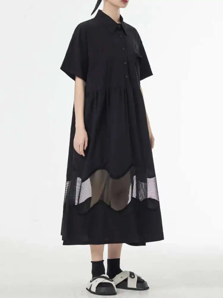 Women Blue Perspective Big Size Shirt Dress New Lapel Short Sleeve Loose Fit Fashion Tide Spring Summer 2025 1DF8791