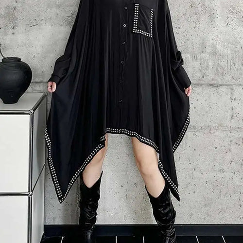 Load image into Gallery viewer, Women Black Irregular Hem Rivet Pocket Big Size Shirt Dress New Lapel Long Sleeve Fashion Tide Spring Autumn 2025 1DH7268
