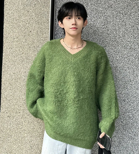 Korean Stylish Men's Pullover Sweaters Plush Casual V-neck Solid Color Male Knitting Pullovers Loose Autumn New 2024 9C4092