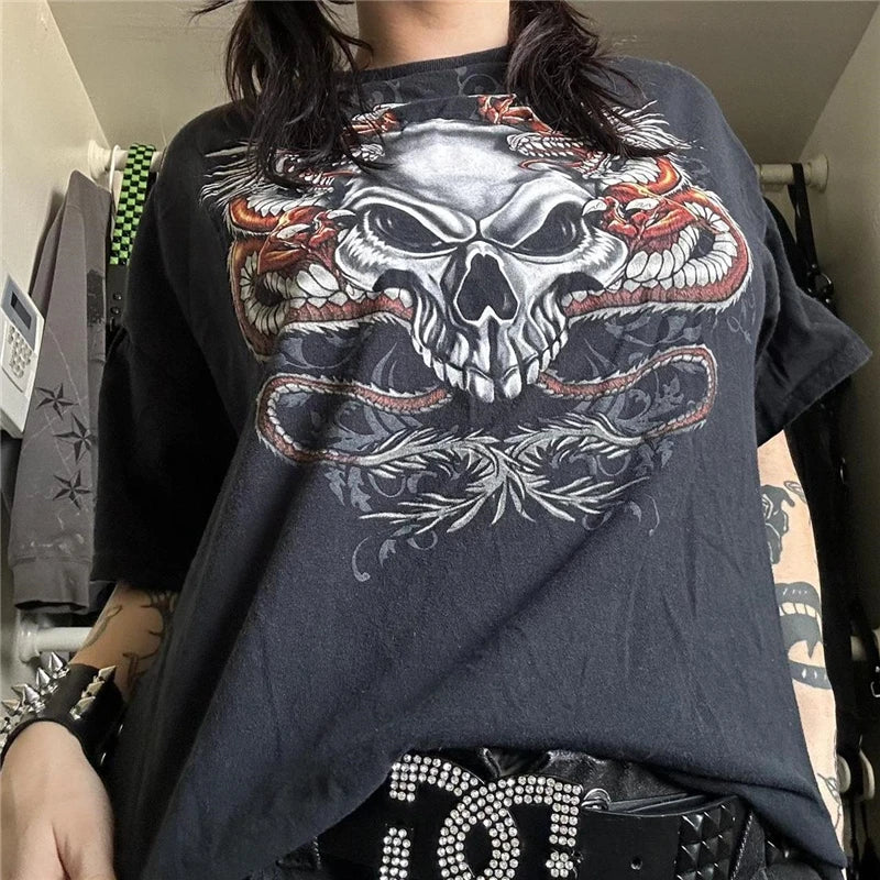 Gothic Punk T Shirt 2000s Women Graphic Print Round Neck Short Sleeve Tees Grungecore Clothing Cyber y2k Top Streetwear