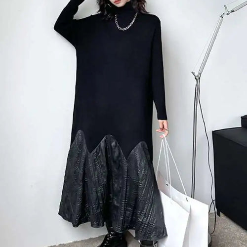 Load image into Gallery viewer, Women Black Knitting Pleated Big Size Long Dress New Turtleneck Long Sleeve Fashion Tide Spring Autumn 2025 1DH1599
