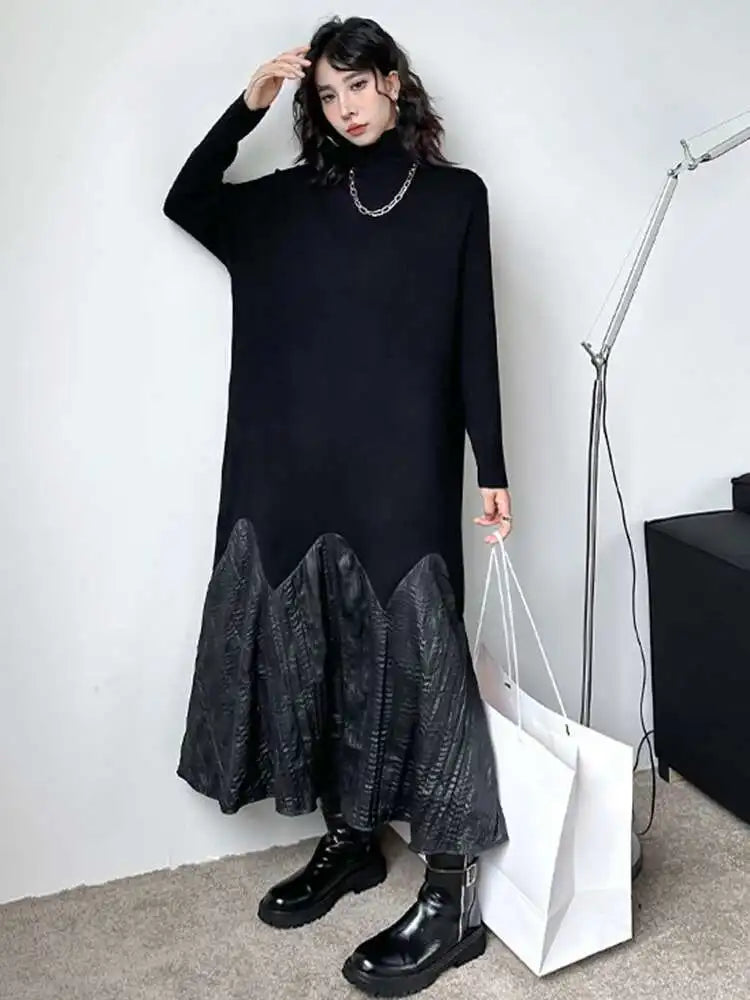 Women Black Knitting Pleated Big Size Long Dress New Turtleneck Long Sleeve Fashion Tide Spring Autumn 2025 1DH1599