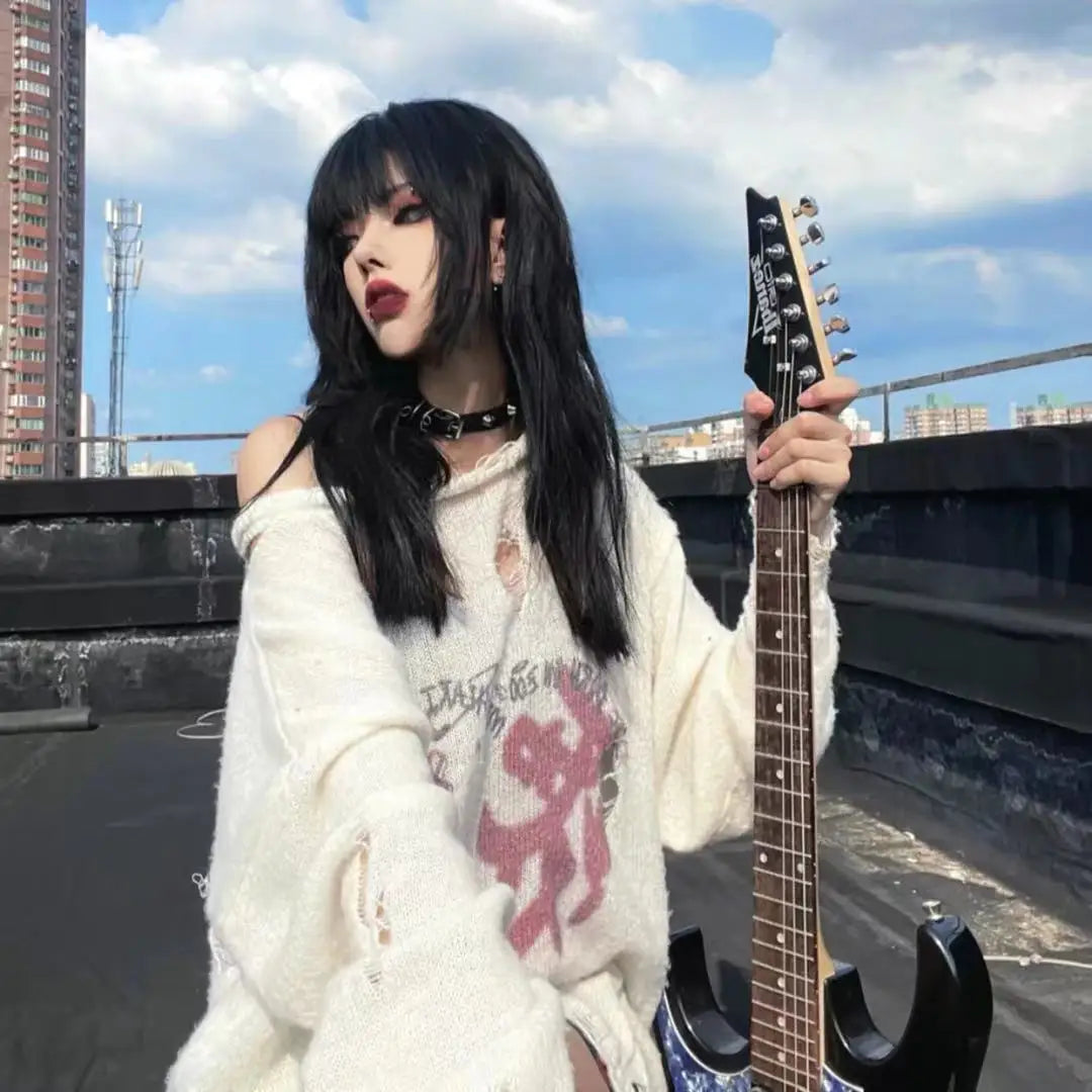 Punk Thin Ripped Hole Sweater Women Hollow Out Y2k Knitted Pullover 2025 Spring Casual Loose Tops Harajuku Print Jumper