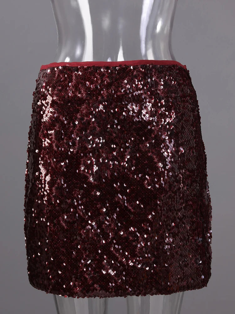 High Waist Wine Red Sequins Shining Elegant Mini Half-body Skirt Women Fashion Tide New Spring Autumn 2025 11A0892