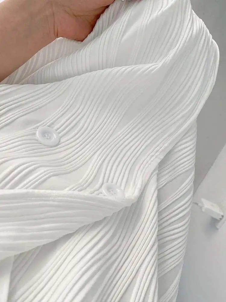Women White Pleated Elegant Big Size Blouse New Lapel Short Sleeve Loose Fit Shirt Fashion Tide Spring Summer 2025 1DF0381