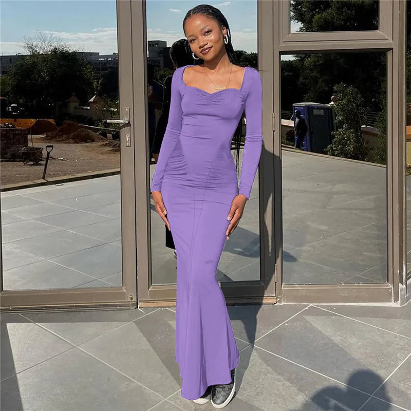 Square Collar Long Sleeve Sexy Long Dress For Women Gown Fashion Elegant Autumn Solid Bodycon Maxi Dress Clubwear