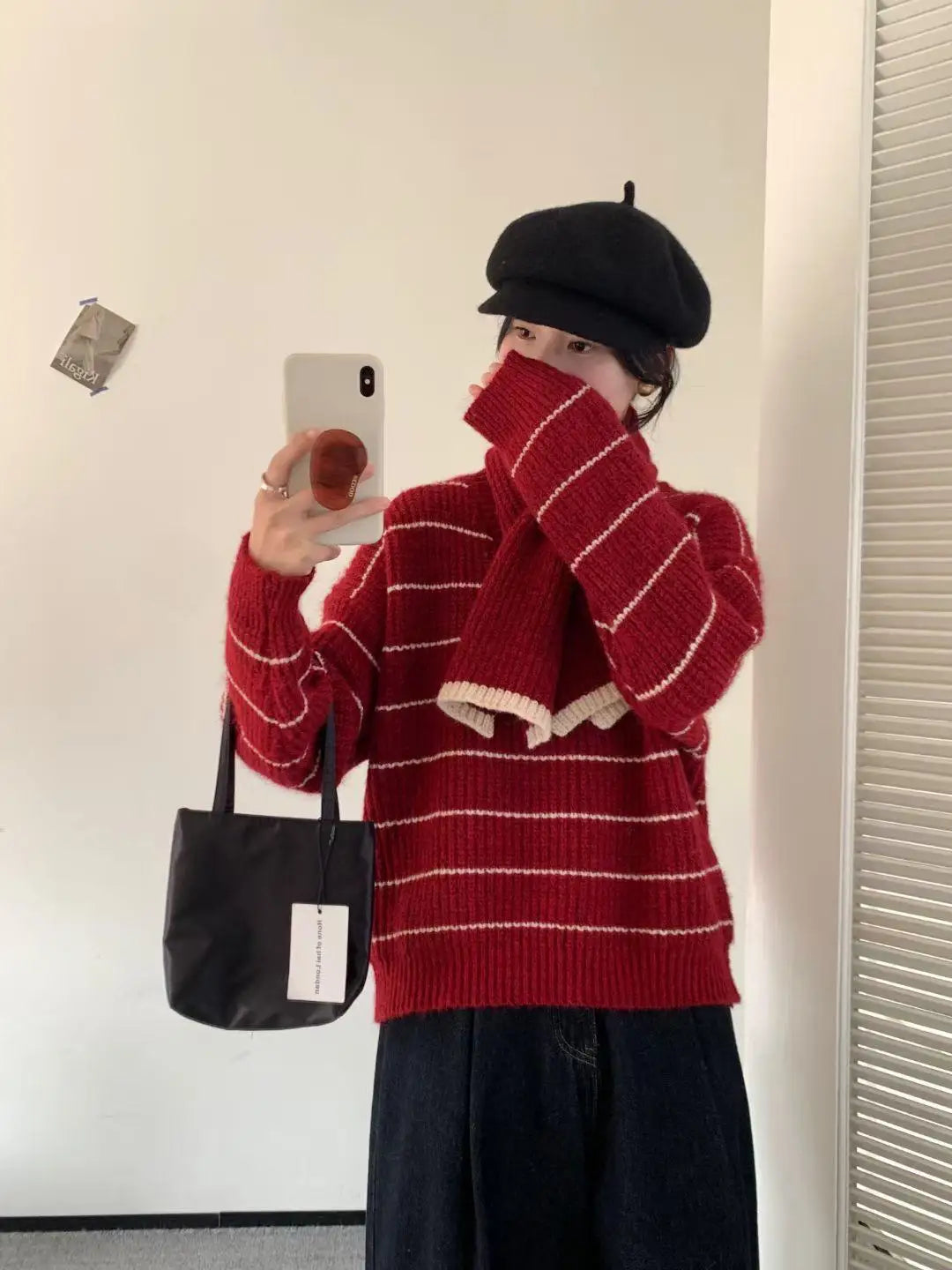 Korean Vintage Striped Long Sleeve Versatile Sweater Autumn Winter Women Short Loose Pullover Knit Tops And Scarf Casual Popular