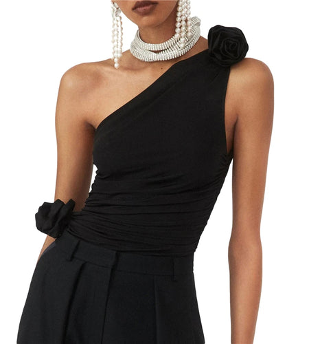 3D Floral Top y2k Aesthetic Women Solid Color One Shoulder Sleeveless Ruched Vest 2000s Fairy Grunge Clothes Streetwear