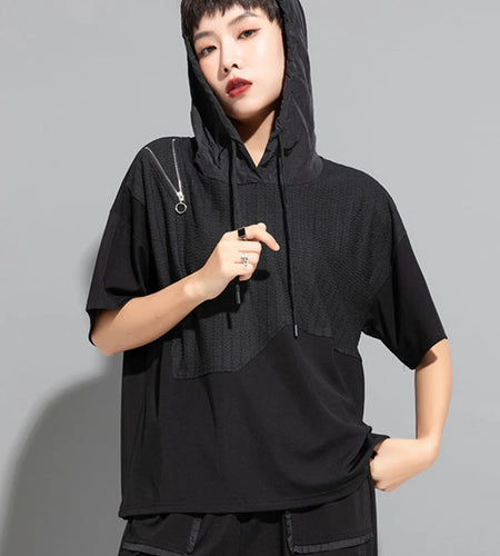 Women Black Zipper Drawstring Spliced Big Size T-shirt New Hooded Short Sleeve Fashion Tide Spring Summer 2025 1DJ1775