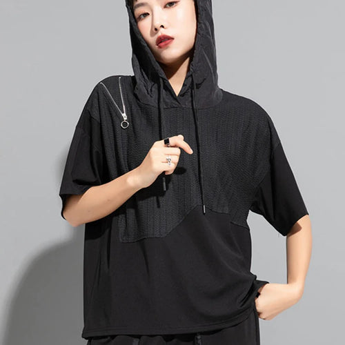 Load image into Gallery viewer, Women Black Zipper Drawstring Spliced Big Size T-shirt New Hooded Short Sleeve Fashion Tide Spring Summer 2025 1DJ1775
