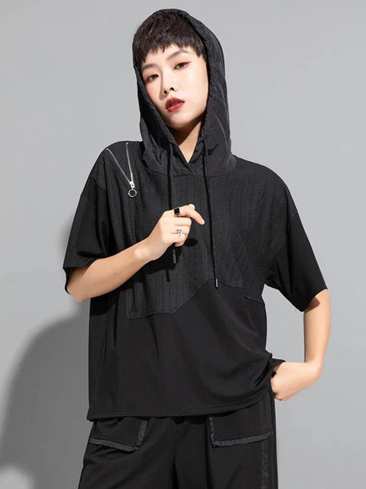 Women Black Zipper Drawstring Spliced Big Size T-shirt New Hooded Short Sleeve Fashion Tide Spring Summer 2025 1DJ1775