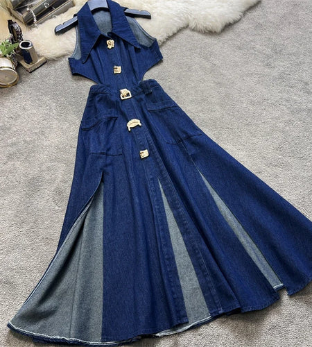 Women Summer Retro Turn-down Collar Denim Dress Hollowed Out Split High Waist Jeans Skirts