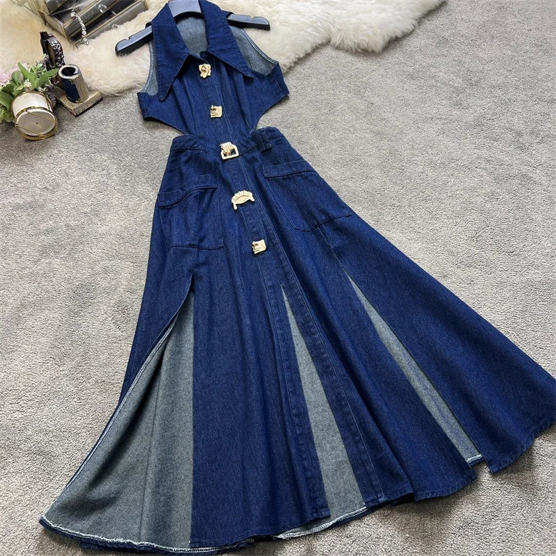 Women Summer Retro Turn-down Collar Denim Dress Hollowed Out Split High Waist Jeans Skirts
