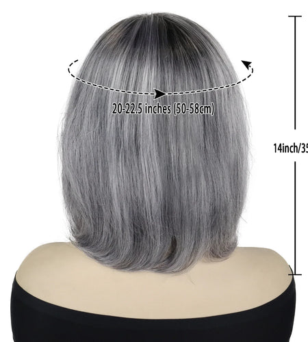 Synthetic Short Grey Bob Wig with Side Bangs Black Roots Seniors Womens Wig Natural Haircuts Ombre Elderly Curly Hair