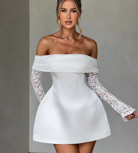 Sexy One Shoulder Lace Patchwork Long Sleeved Tight Skirt Women New Elegant Slim Party Club Evening Dress Spring New2025