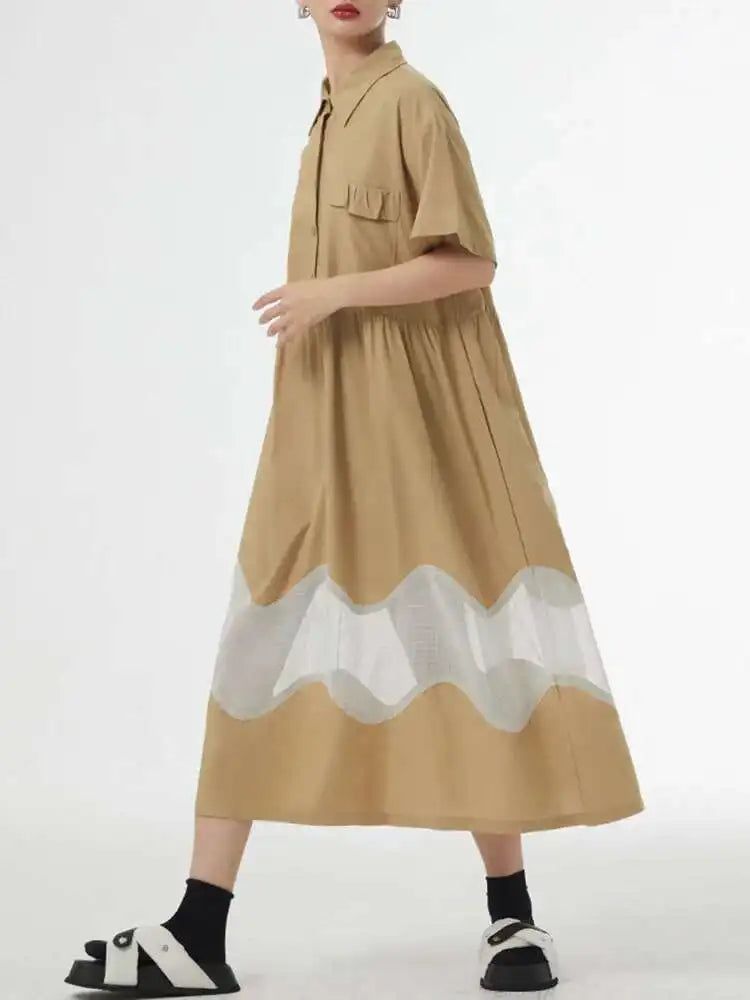 Women Blue Perspective Big Size Shirt Dress New Lapel Short Sleeve Loose Fit Fashion Tide Spring Summer 2025 1DF8791