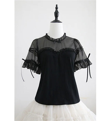 White Woman Tshirts Lolita Style Patchwork Gauze Summer Tees 2025 Ropa Mujer Sweet Camisetas O-neck Ruffles Chic T Shirt Tops
