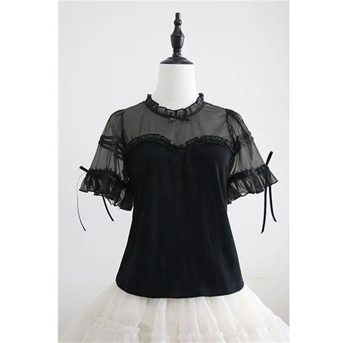 White Woman Tshirts Lolita Style Patchwork Gauze Summer Tees 2025 Ropa Mujer Sweet Camisetas O-neck Ruffles Chic T Shirt Tops