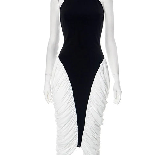 Load image into Gallery viewer, Patchwork Halter Backless Sexy Midi Dress Women Gown Elegant Fashion Contrast Color Sleeveless Pleated Long Dress
