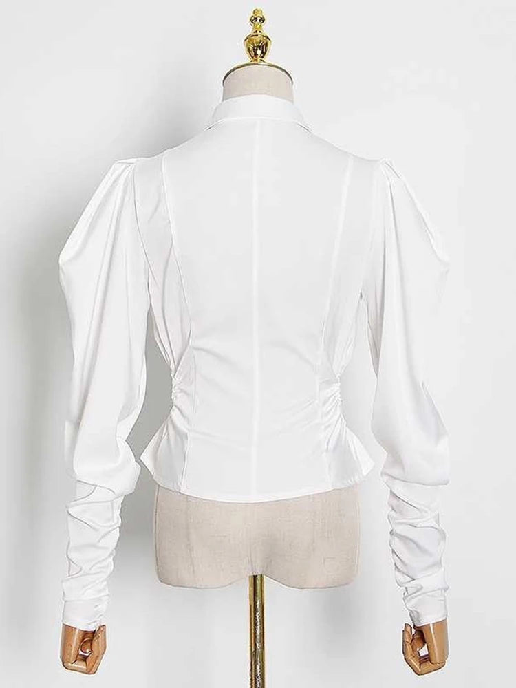 Hollow Out White Shirt For Women Lapel Long Sleeve Single Breasted Solid Blouses Female Fashion Clothing