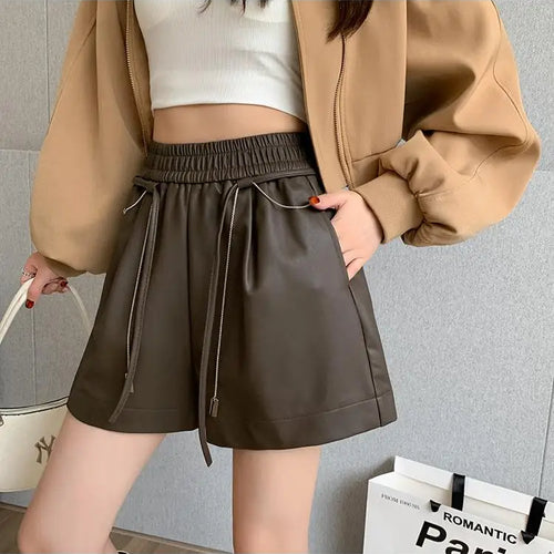 Load image into Gallery viewer, Autumn Winter Black Brown High Waist Drawstring Lace-up Leather Shorts Women&#39;s Korean Version Loose Versatile Casual Short Pant
