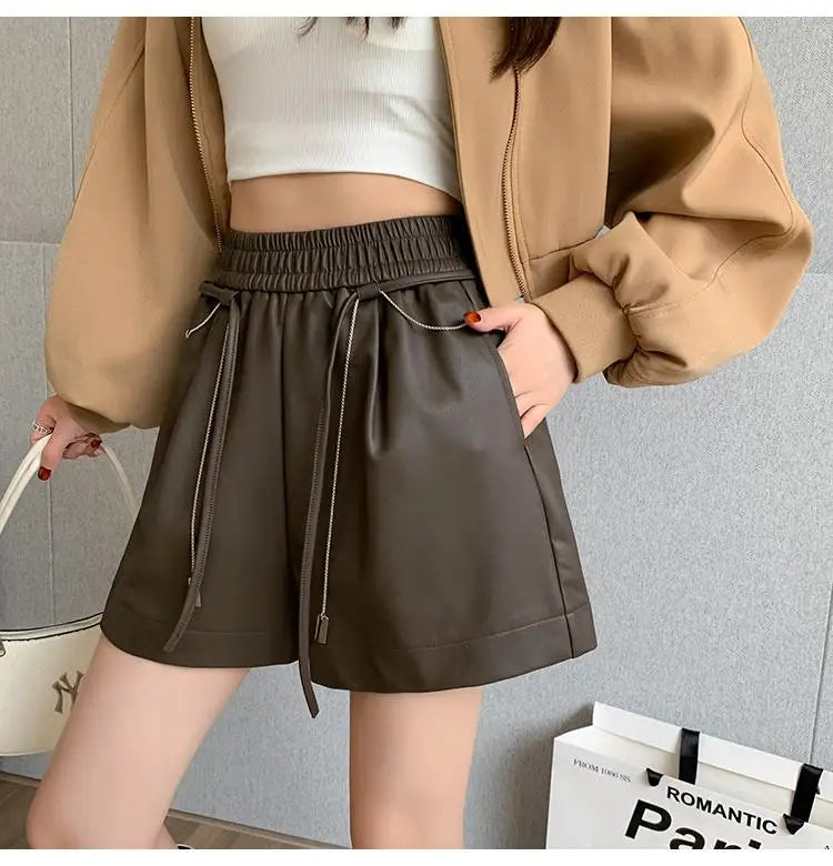 Autumn Winter Black Brown High Waist Drawstring Lace-up Leather Shorts Women's Korean Version Loose Versatile Casual Short Pant