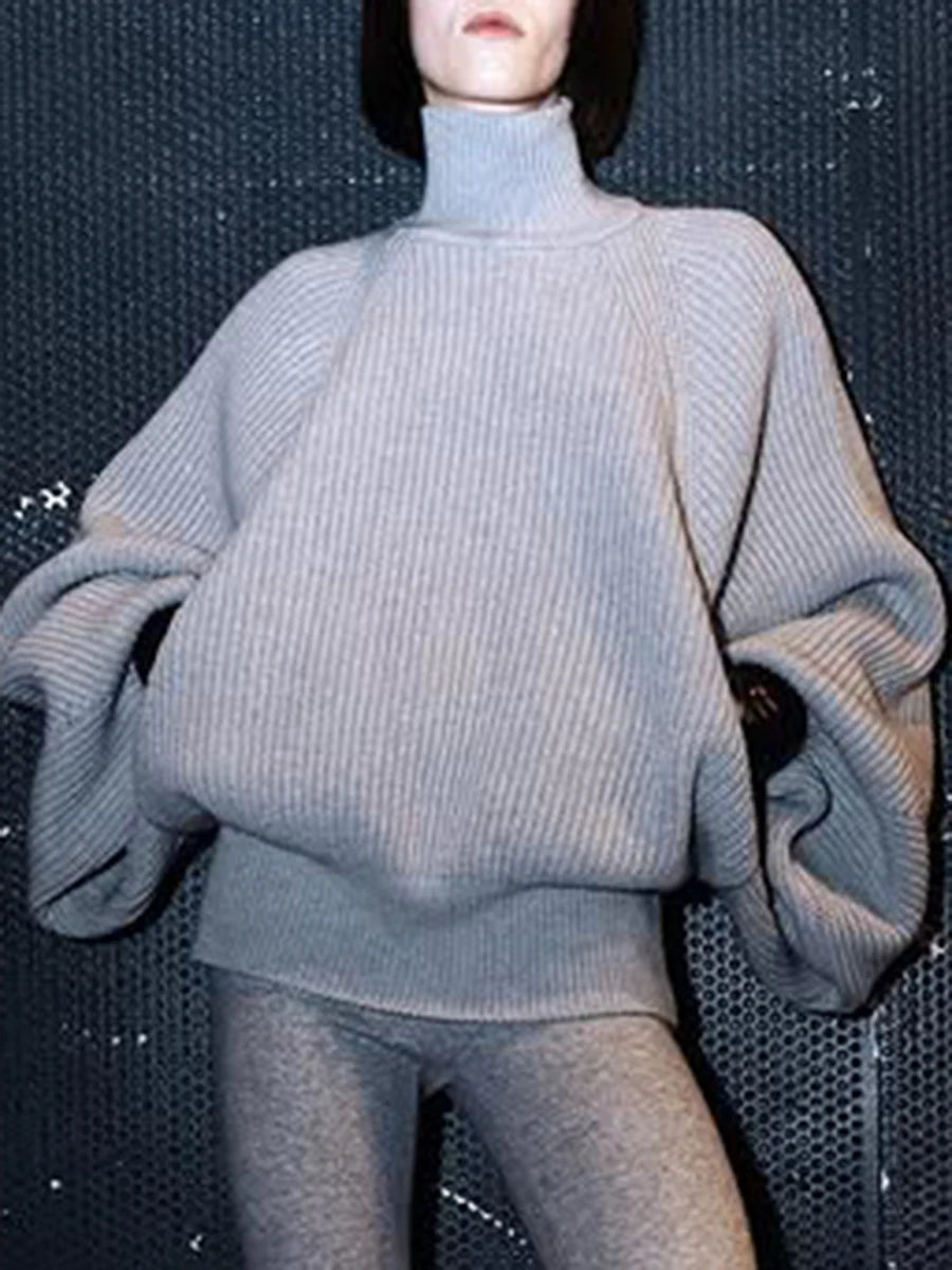 Solid Loose Spliced Pockets Casual Sweaters for Women High Neck Long Sleeves Minimalist Sweater Female Clothing New