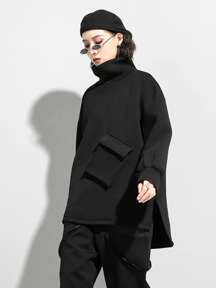 Women Big Size Pocket Irregular T-shirt New Turtleneck Long Batwing Sleeve  Fashion Tide  Spring Autumn 2025 1DD1482