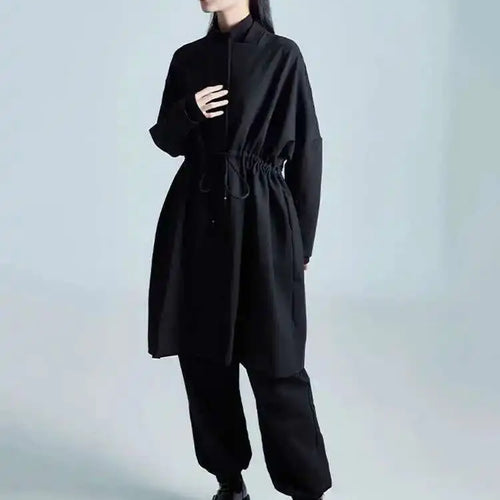 Load image into Gallery viewer, Loose Fit Black Bandage Big Size Long Jacket New O-neck Long Sleeve Women Coat Fashion Tide Spring Autumn 2025 1DH1987
