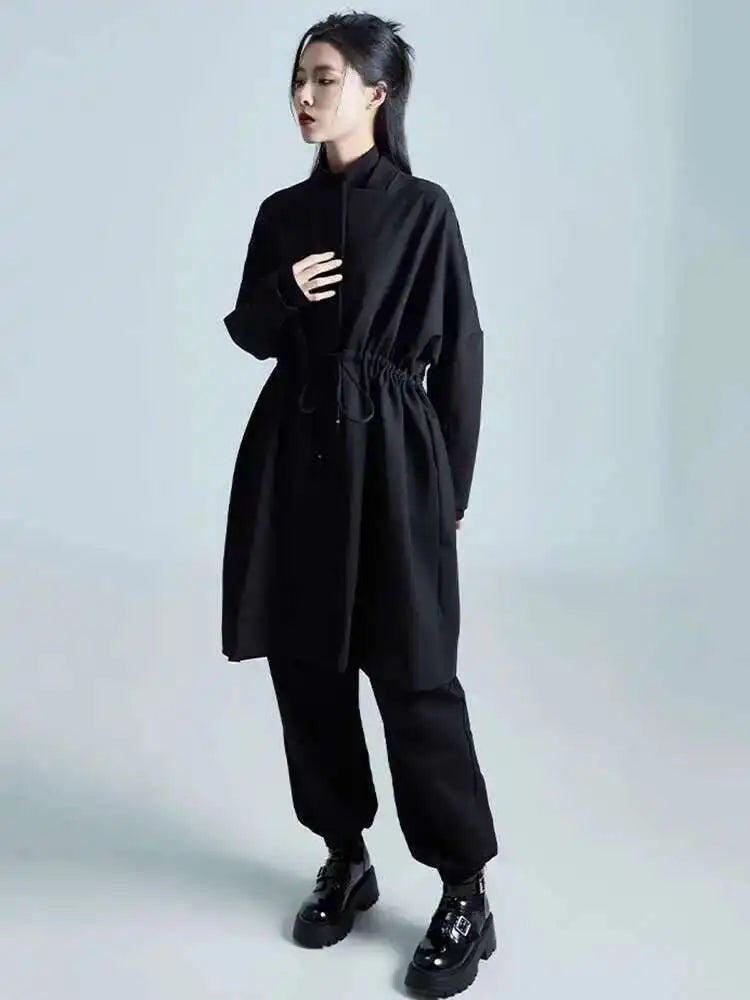 Loose Fit Black Bandage Big Size Long Jacket New O-neck Long Sleeve Women Coat Fashion Tide Spring Autumn 2025 1DH1987