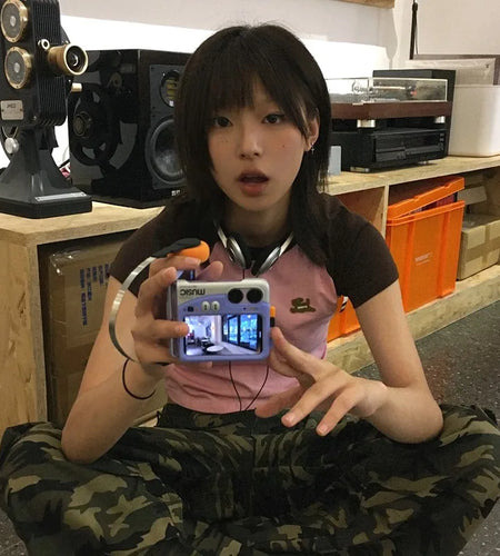 Japanese Y2k Patchwork T-shirt Vintage 2000s Style Crop Top Harajuku Aesthetics Short Sleeve Tee Shirt American Retro