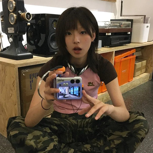 Load image into Gallery viewer, Japanese Y2k Patchwork T-shirt Vintage 2000s Style Crop Top Harajuku Aesthetics Short Sleeve Tee Shirt American Retro
